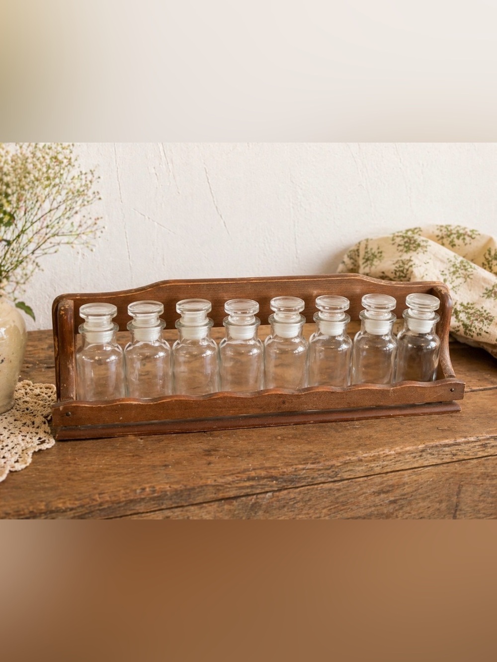 Vintage Wooden Spice Rack with 8 Glass Bottles 1970s Wagner Cottagecore